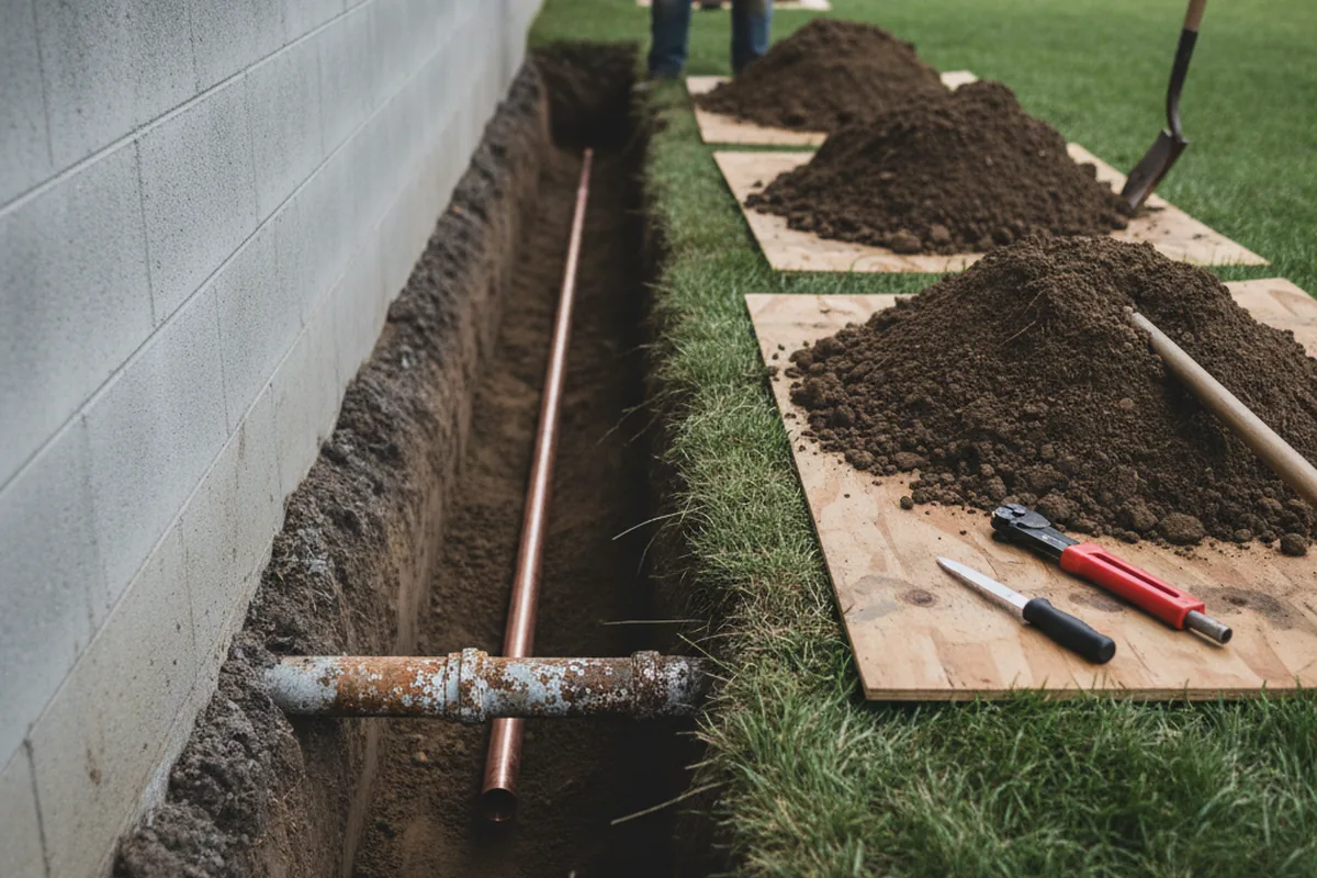 Excavated water line trench during Sewer Line Repair in Covelo